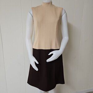 Vtg Hob Nobber Sheath Dress Womens S Brown Beige 60s Mod Double Knit Stretch